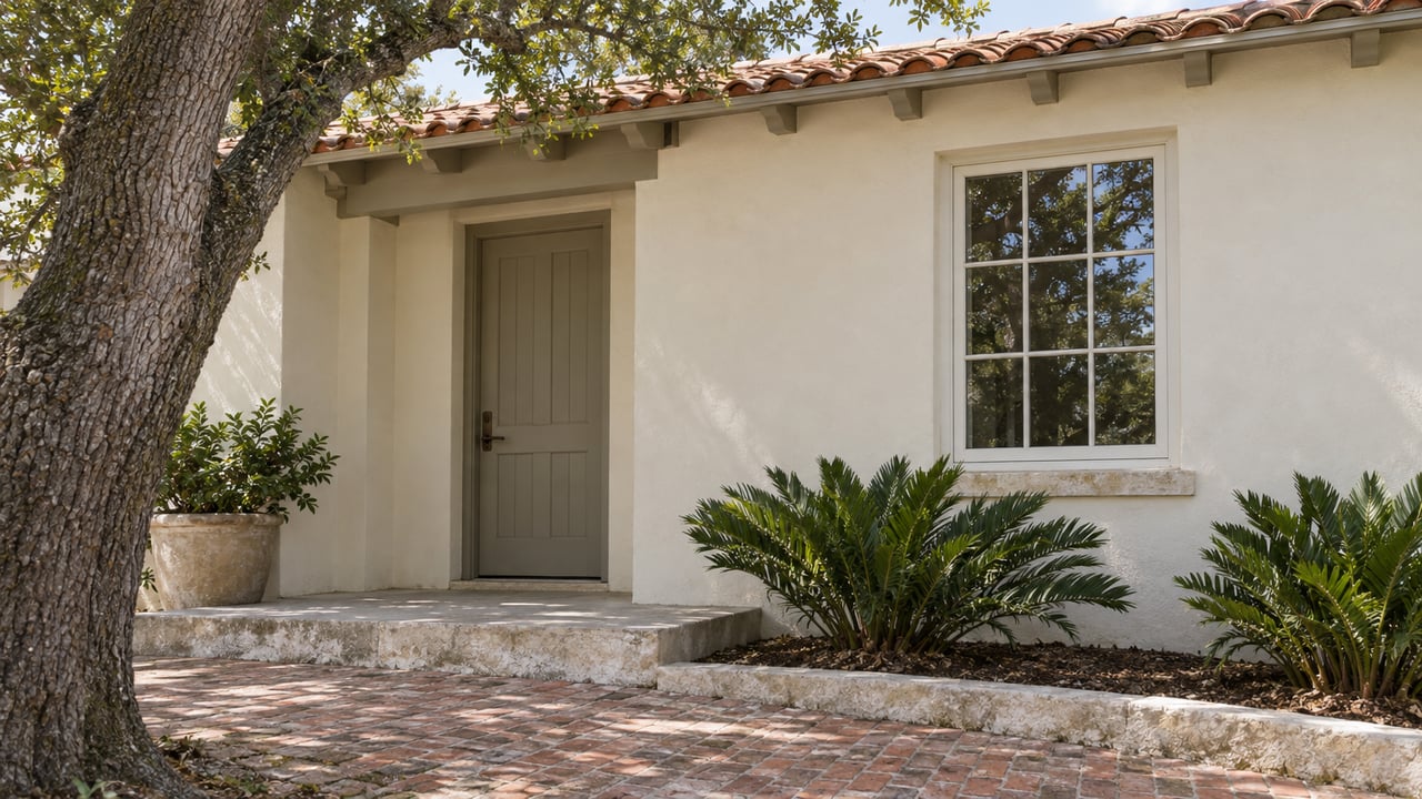 Cream stucco house with a gray timber door, divided-light window, clay-tile roof, and brick approach beneath an oak canopy.