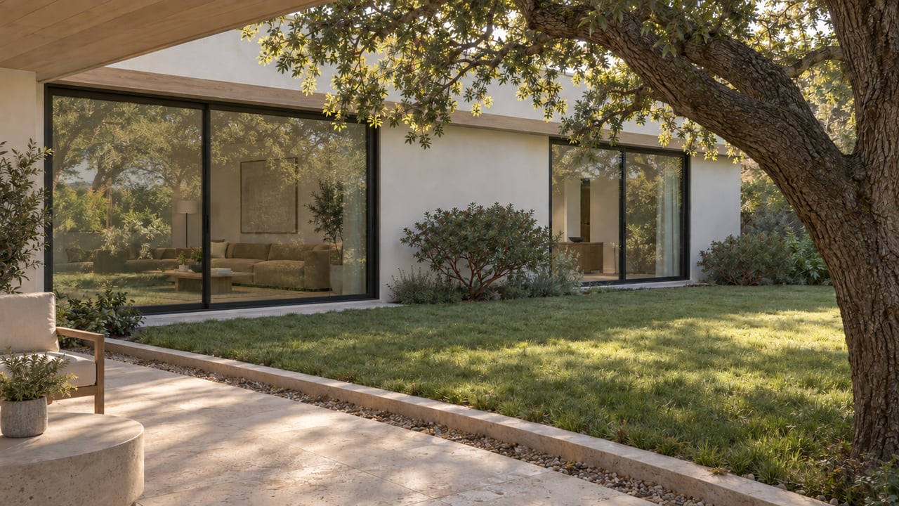 Garden terrace with oak canopy, limestone paving, and a glazed living-room facade.