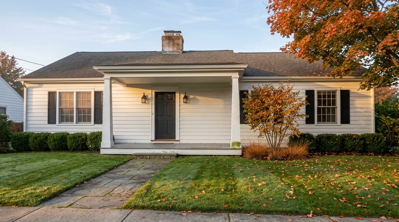 White clapboard home with black shutters and a flagstone walkway across a leaf-scattered autumn lawn.