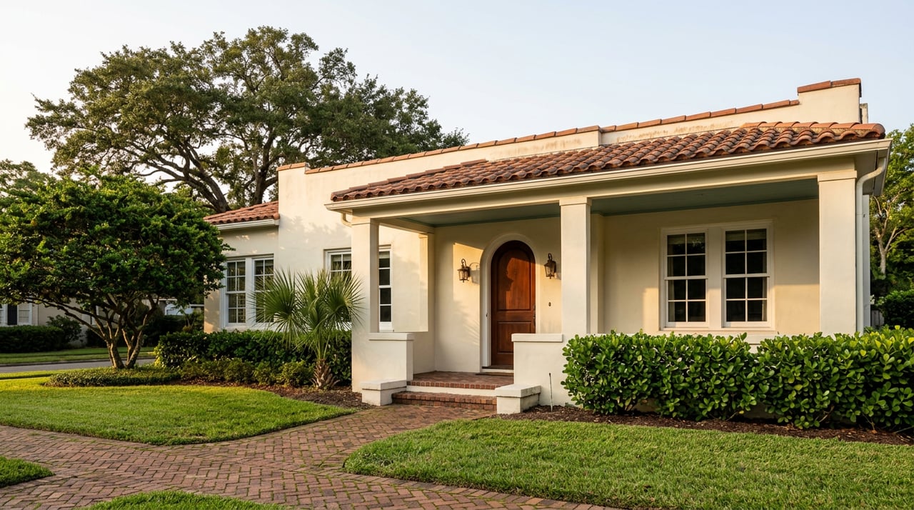 Cream stucco bungalow with a tiled roof, arched porch, brick walk, and live oak canopy.