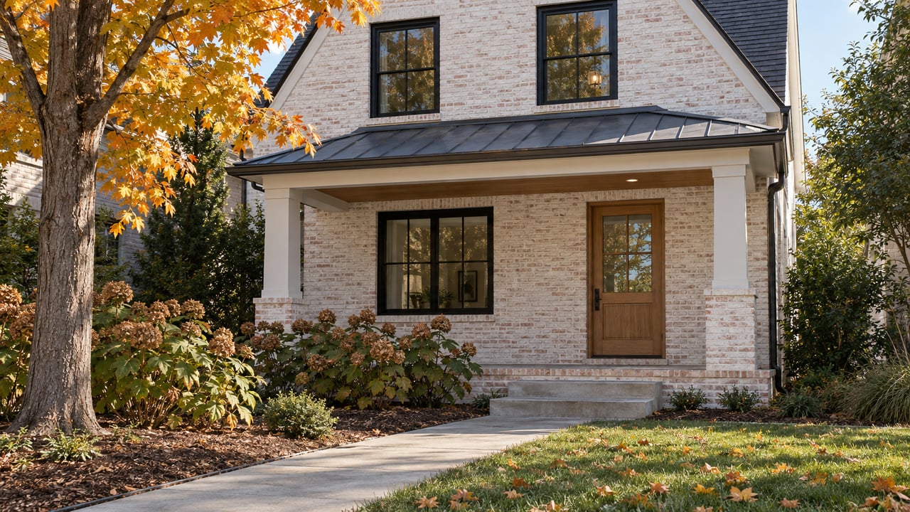 White limewashed brick home with a steep gable, black-framed windows and an oak porch door beside a small autumn garden.