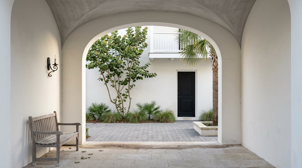 Vaulted stucco breezeway frames a courtyard with a black door, balcony, palm, and teak bench.
