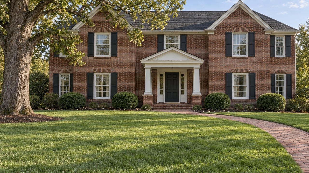 A broad lawn and curved brick walk lead to a traditional red-brick home with white trim, dark shutters, and a columned entry.