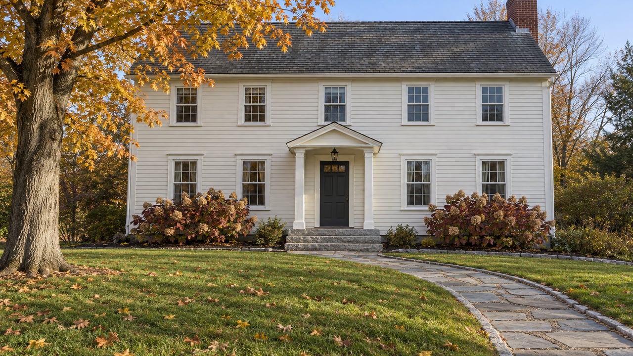 Ivory clapboard house with a charcoal front door, granite entry steps and an autumn lawn beneath a copper-leaved sugar maple.