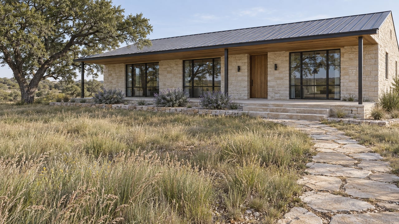 Limestone home beyond native meadow, with a stone path, raised porch, and oak tree.