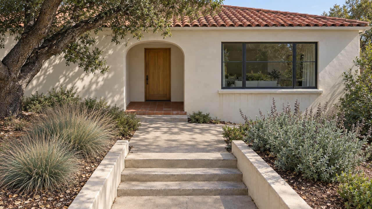 A sunlit stucco cottage with a clay-tile roof, arched oak-door entry and broad concrete garden steps beside a mature oak and silver-leaved planting.