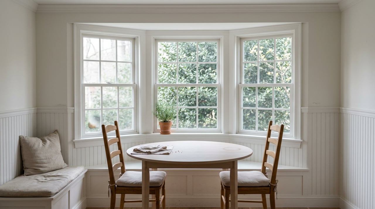 Breakfast nook with a pale oak table, two chairs, and rosemary on the windowsill.