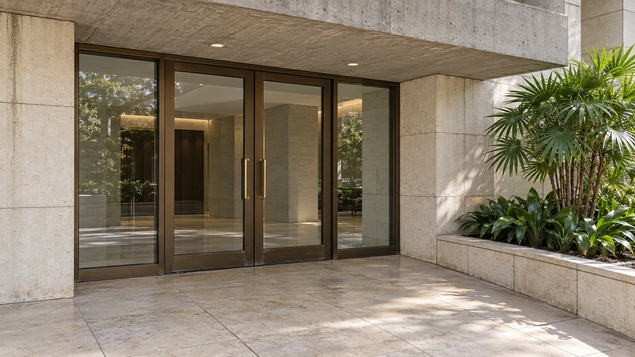 Bronze-framed glass entrance beneath an aged concrete canopy, with limestone paving and a raised bed of lady palms and cast-iron plants.