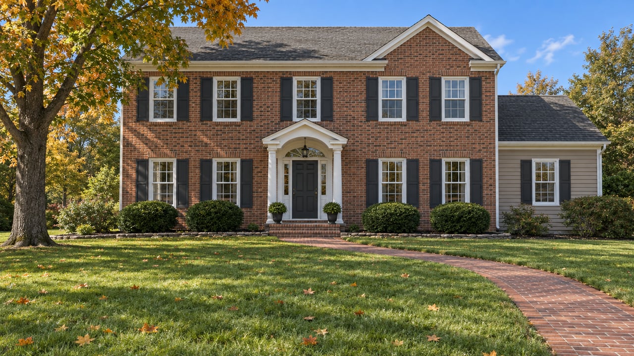 Traditional two-story brick home beyond a broad lawn, with white-trimmed windows, a small columned entry and an amber-turning sugar maple.