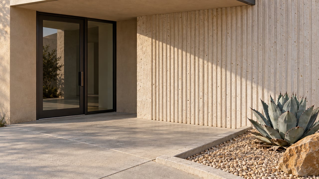 Recessed modern home entrance with dark-framed glass, fluted limestone, a concrete landing and a single blue-gray agave in a bordered gravel bed.