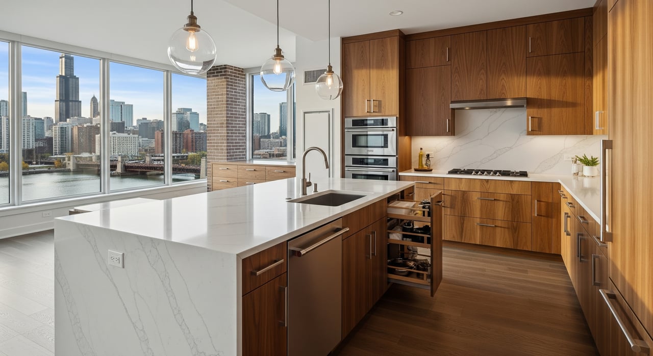 Modern wood-and-white kitchen with a marble island, pendant lights, and floor-to-ceiling windows overlooking a city skyline.
