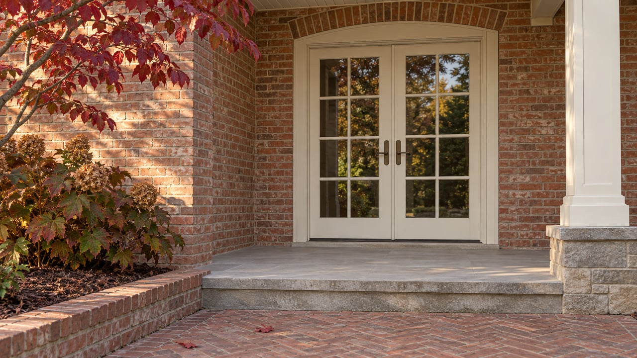 Brick porch with cream French doors, a limestone landing, and red dogwood leaves in late-afternoon light.