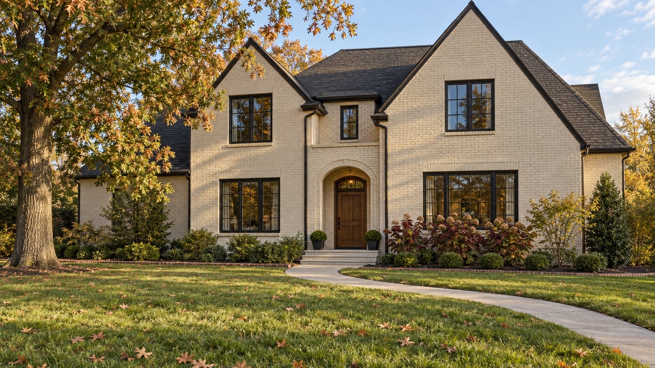 Ivory painted-brick home with steep charcoal gables, black-framed windows, and an arched oak entry beyond a deep autumn lawn.