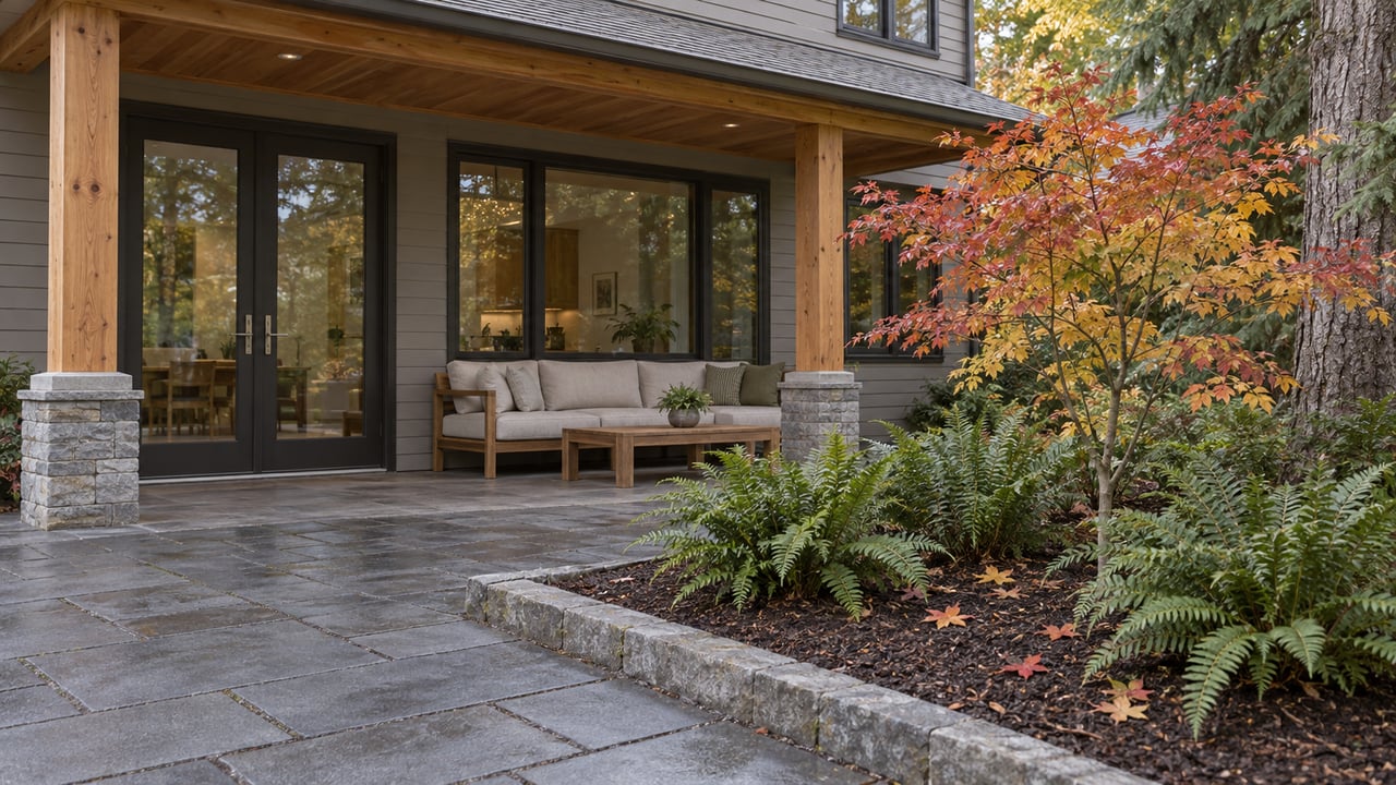 A covered cedar terrace beside a gray-sided home, with closed glass doors, outdoor seating and an autumn vine maple in a stone-edged garden bed.