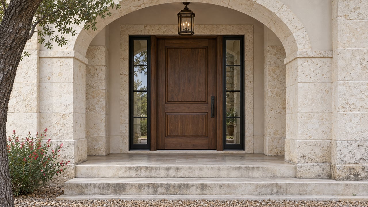 Walnut front door with narrow sidelights beneath a limestone arch, above worn stone steps and pea gravel.