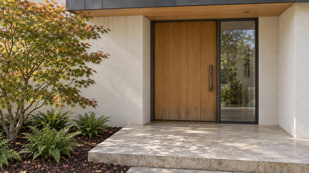 Oak front door and tall glazed sidelight beneath a flat canopy, beside a Japanese maple and a pale stone landing.