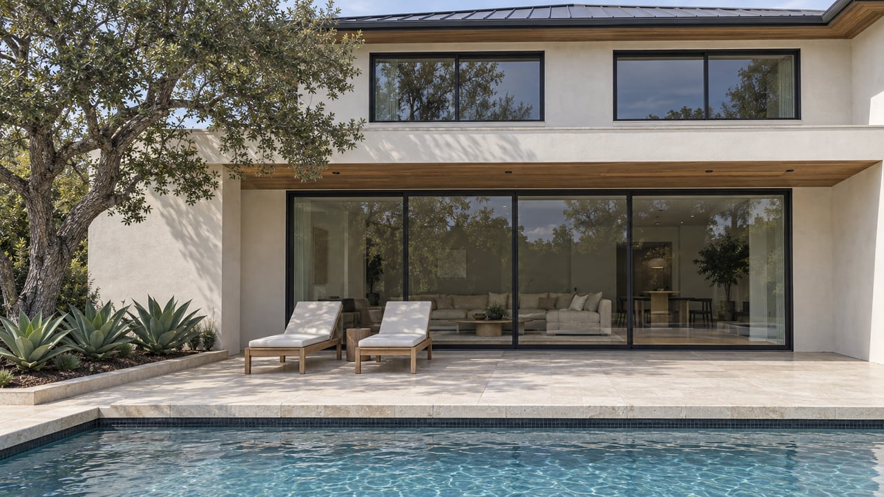 White stucco home with black-framed glass, a limestone pool terrace, teak loungers, a mature oak, and sculptural agaves.
