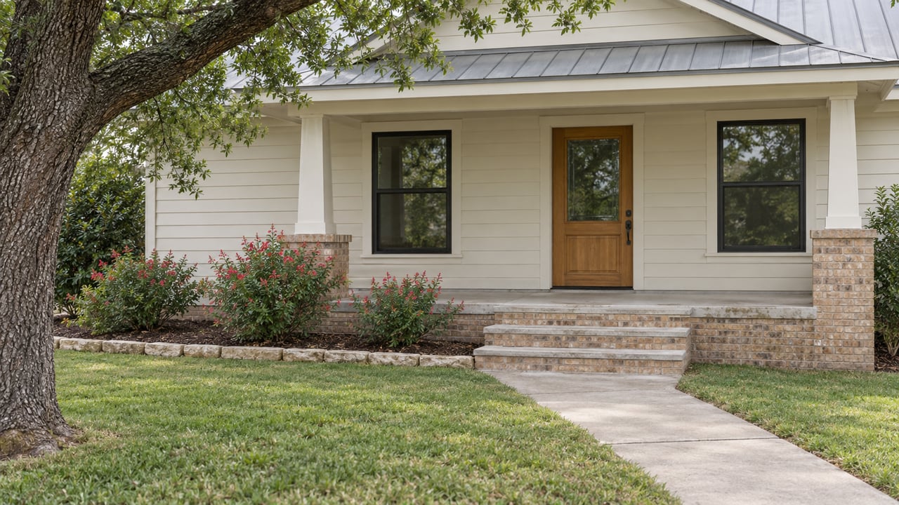An off-white bungalow porch with a wood entry door, buff brick steps, a concrete walk and a mature branching tree beside a green front lawn.