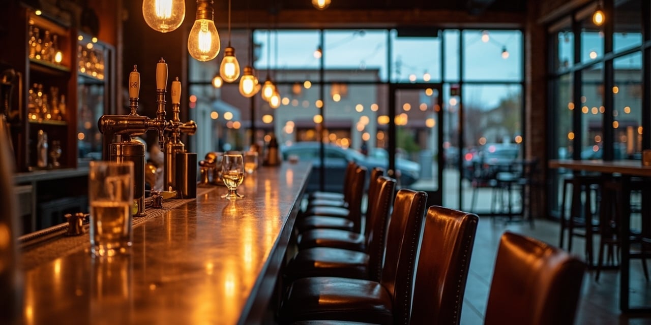 Bar interior with a polished counter, leather stools, beer taps, and warm pendant lights.