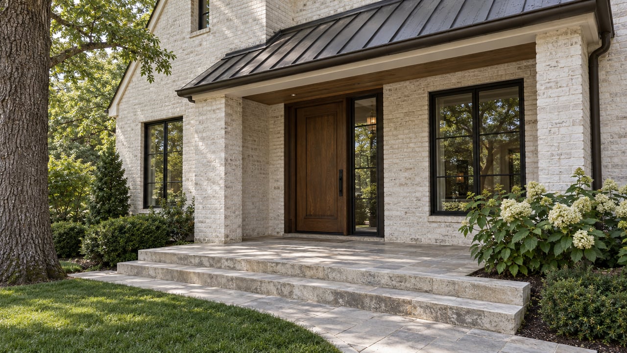 White-brick estate entrance with a stained oak door, limestone steps, and lawn beneath a mature oak.