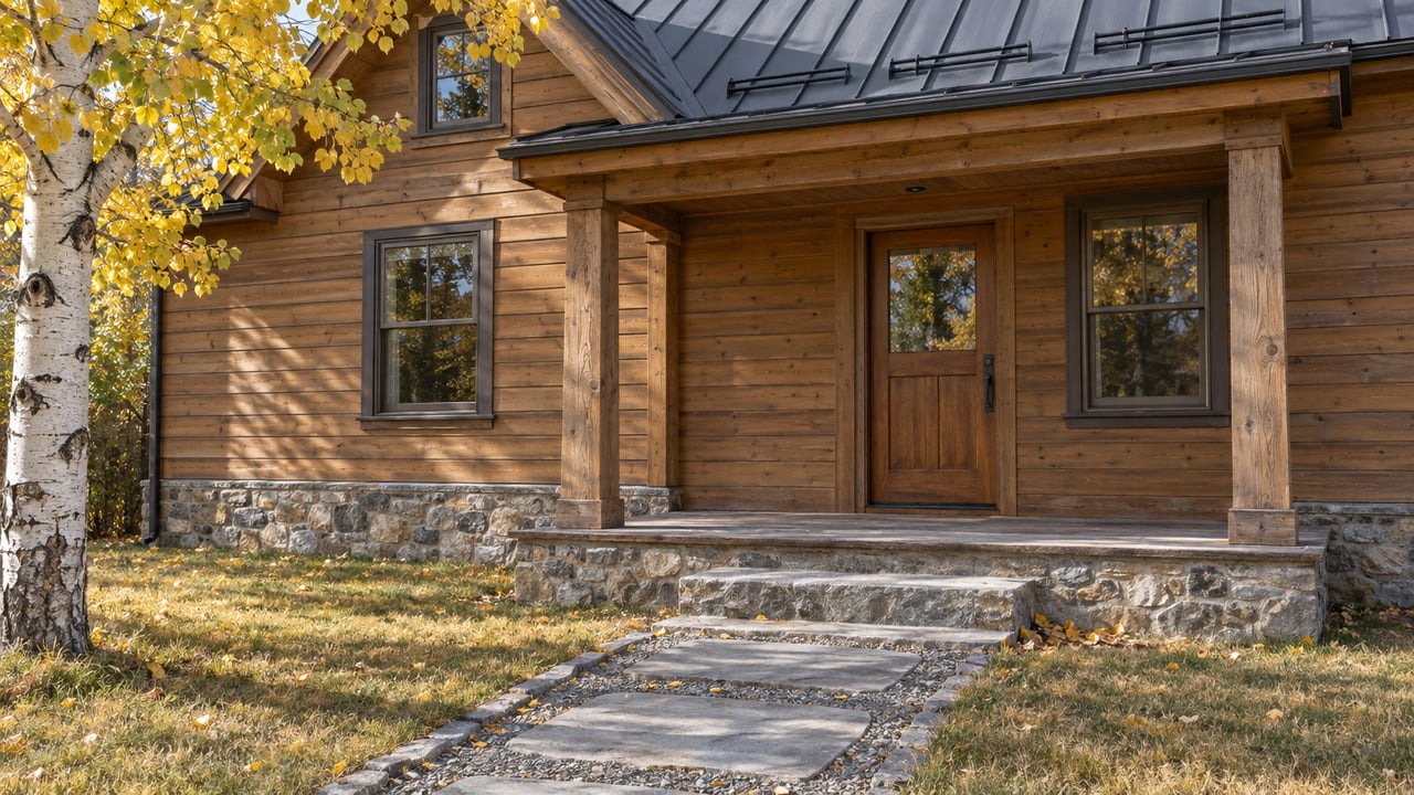 Autumn sunlight on a timber home's covered entry, stone foundation and flagstone approach beside a yellow-leaved aspen.