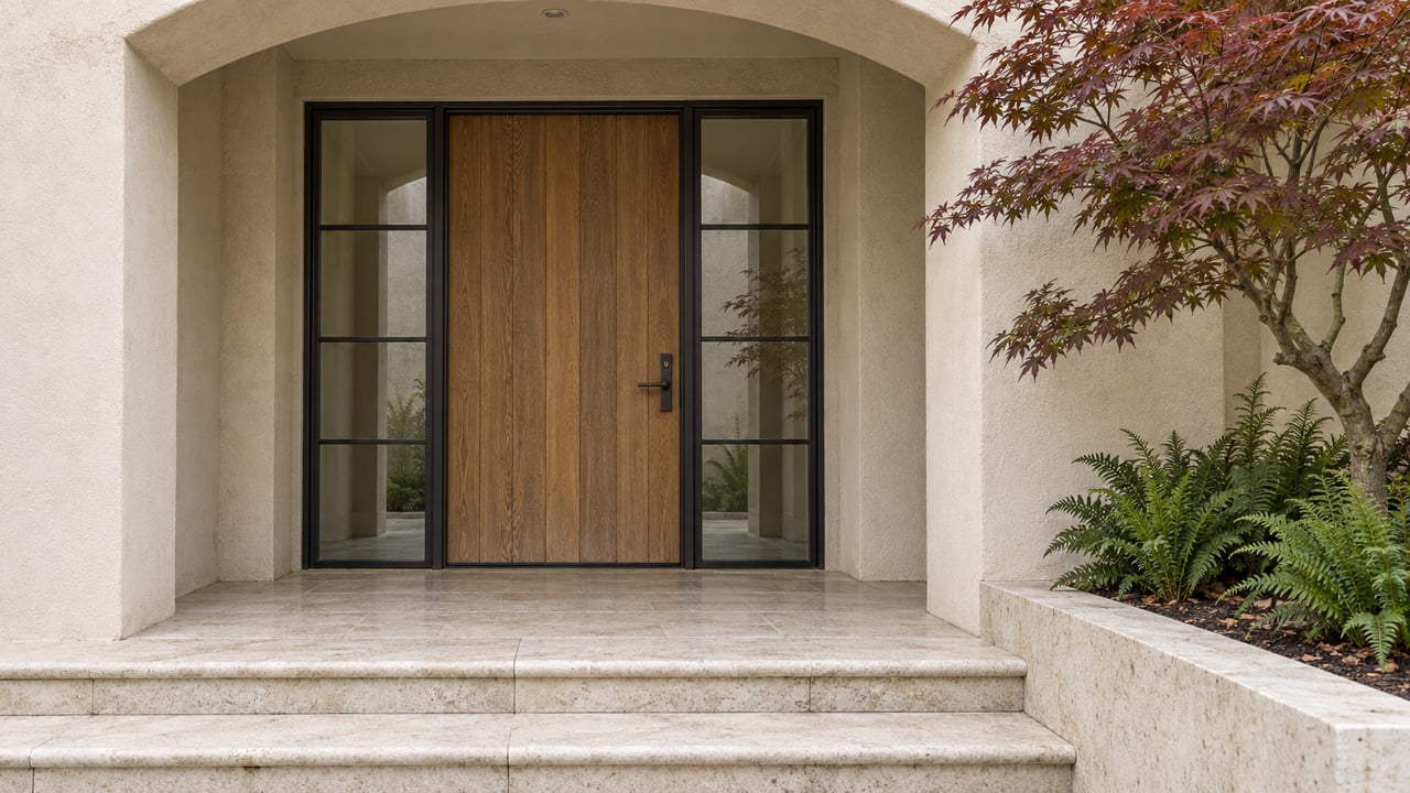 An arched off-white stucco entrance with an oak door, paired black-framed sidelights, limestone steps and a Japanese maple beside a raised planting bed.