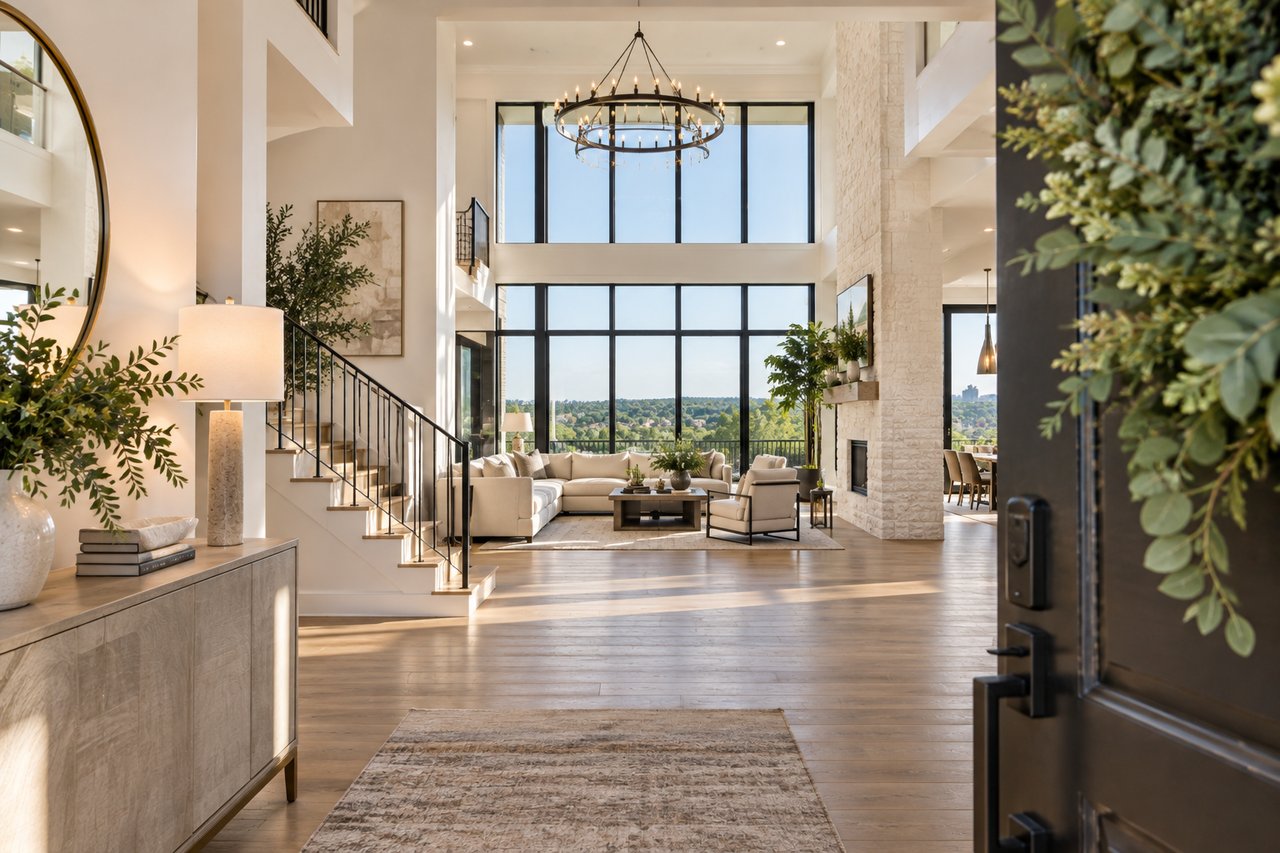 Bright luxury home interior with a grand entry, open floor plan, high ceilings, natural light, and upscale finishes that make a strong first impression during a home showing.