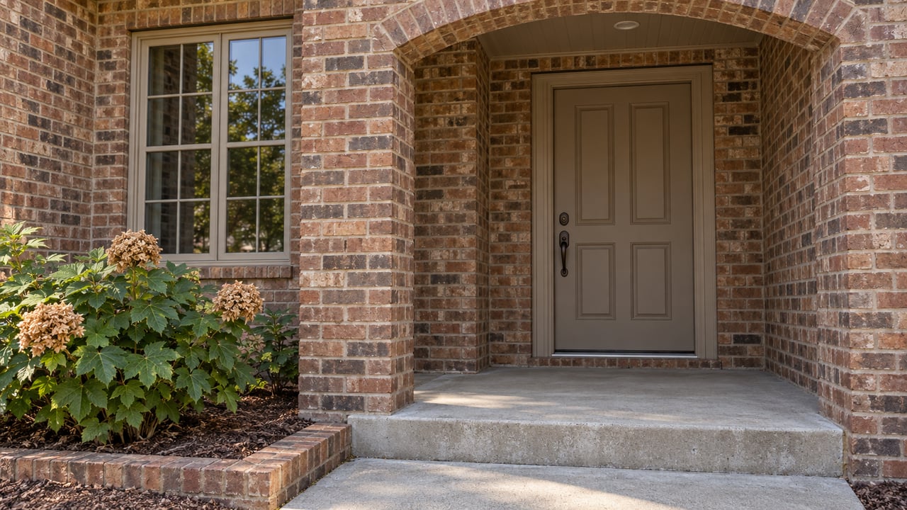 Russet brick entry arch above a recessed taupe front door, beside a divided-light window and an oakleaf hydrangea bed.