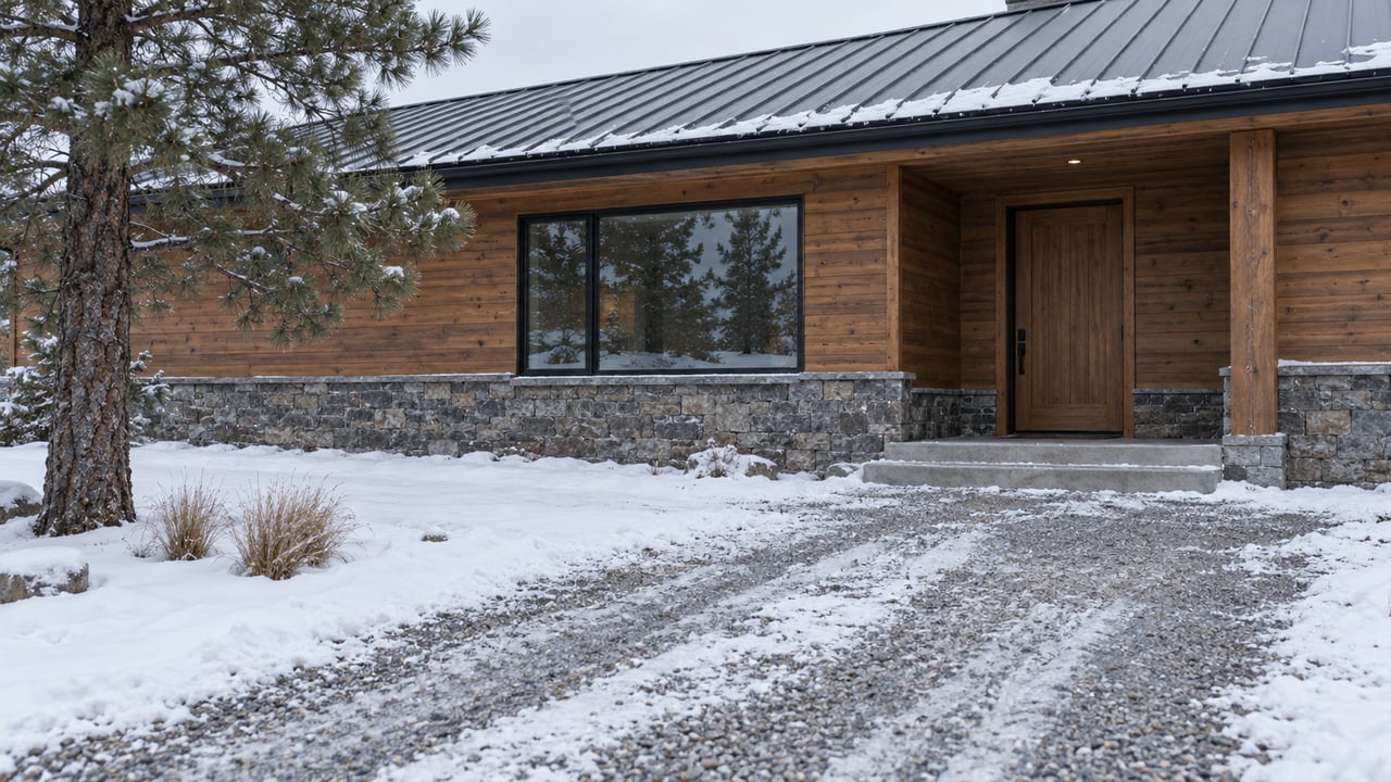 Timber-sided rural home with stone foundation, recessed entry, snow-dusted roof, and tire tracks across the gravel approach.