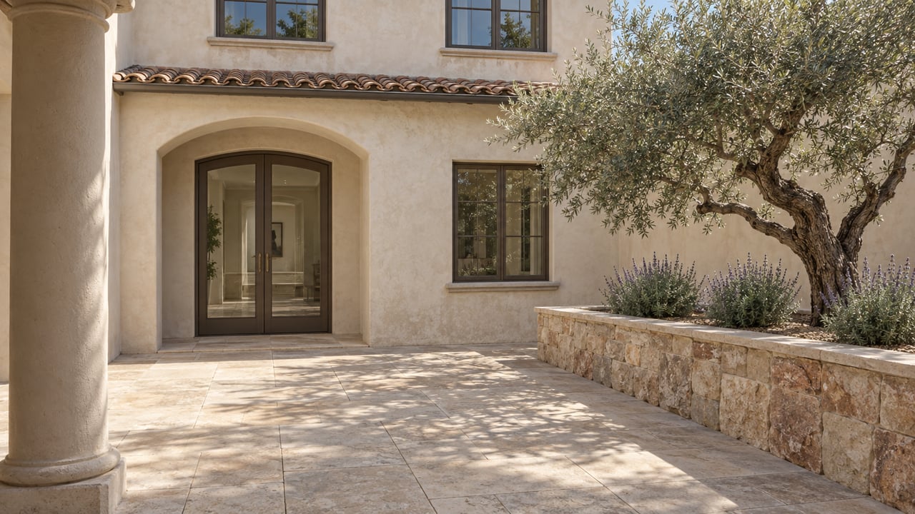 A sunlit limestone courtyard beside an ivory stucco home, with bronze-framed glass doors and an olive tree in a warm stone planter.