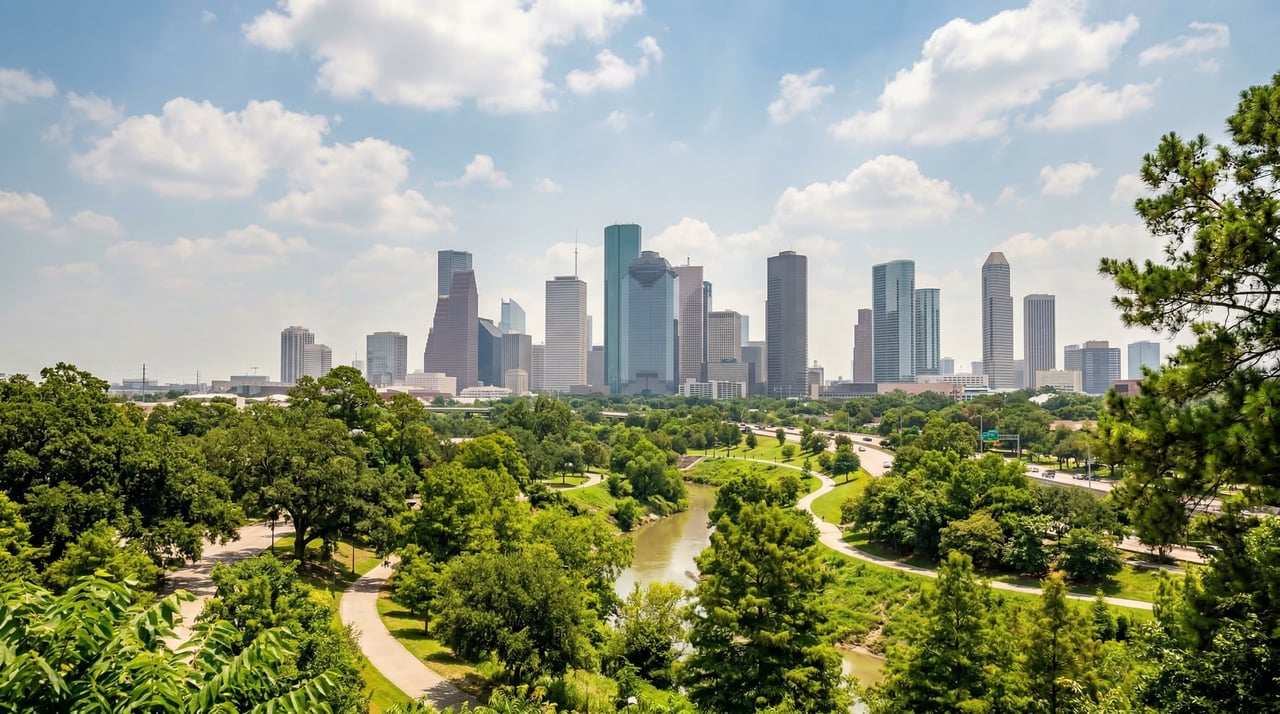 Houston skyline in summer with downtown buildings, green park, winding bayou, bright sun, and scattered clouds, hot humid weather Houston summer
