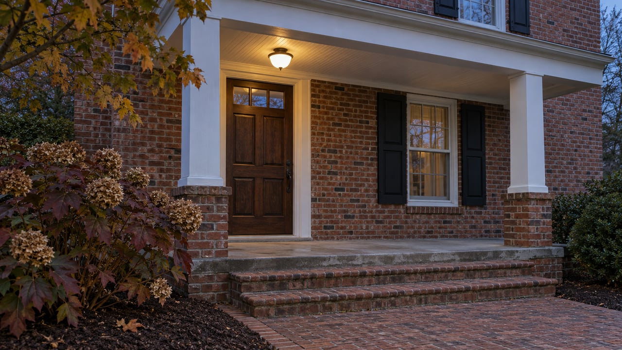 Brick home entrance at dusk with white porch columns, a warm ceiling light and autumn oakleaf hydrangea beside brick steps.