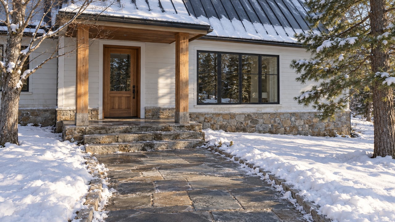 Snow borders a cleared stone approach to a white cottage with cedar porch posts, fieldstone steps and a large closed window.