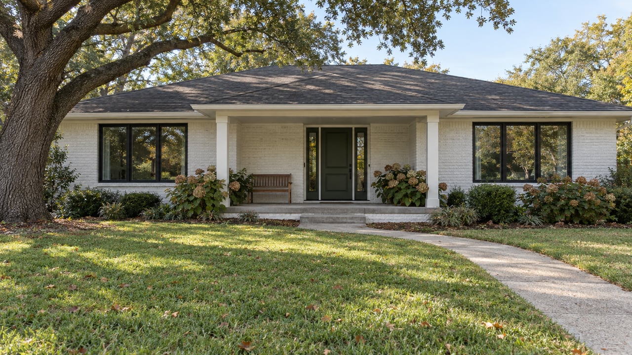 Single-story white brick house with a covered entry, black-framed windows, and a curved front walkway.