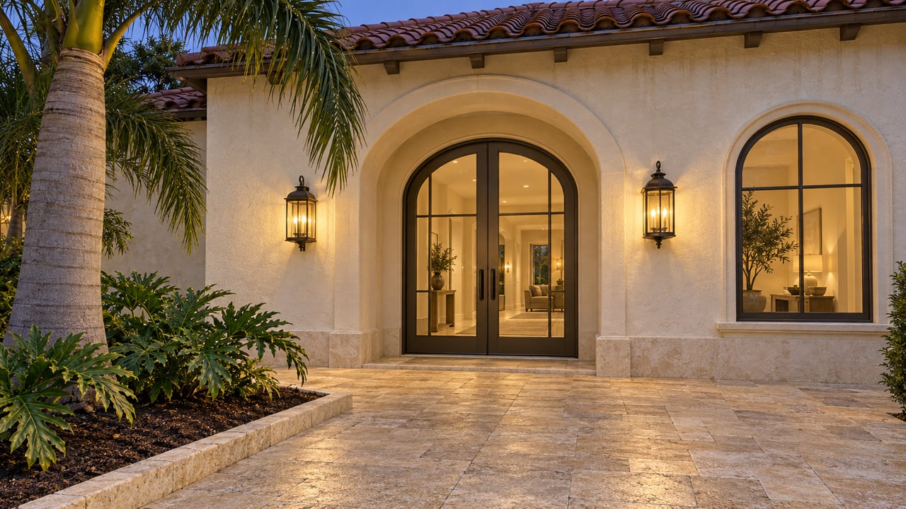 An ivory stucco home with a deep arched glass entry, warm bronze lanterns, terracotta roof tiles and a limestone approach beside a specimen palm.