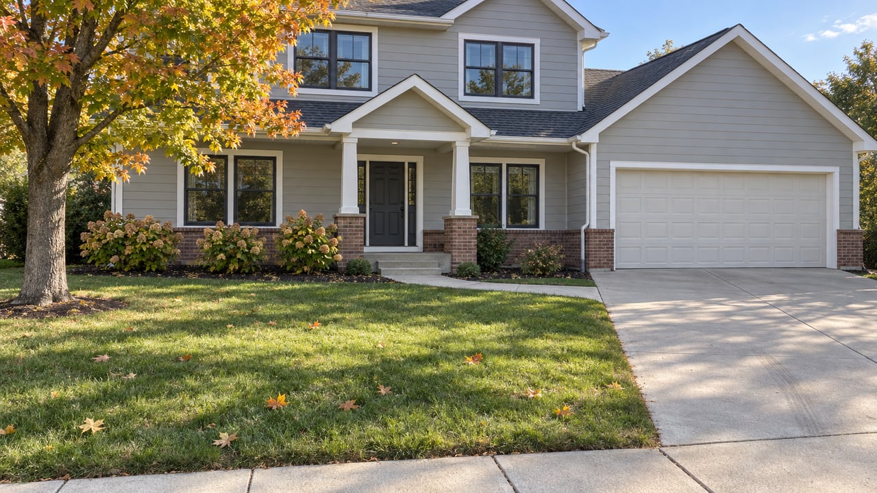 A light-gray two-story house with a covered brick-accented porch, attached garage and deep lawn beneath a maple beginning to turn gold and orange.
