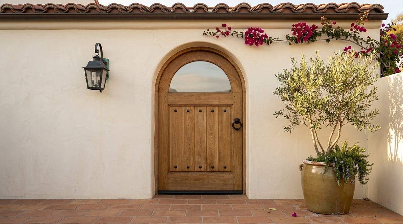 Oak plank door with iron studs in a cream stucco arch, beside an olive tree in an ochre jar.
