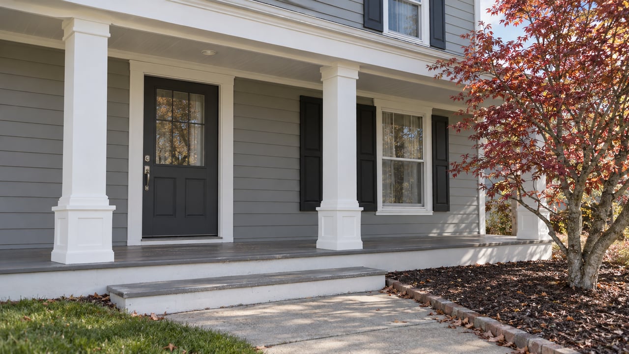 Gray lap-sided home with white porch columns, paired black shutters, worn painted steps and a dogwood with autumn leaves.