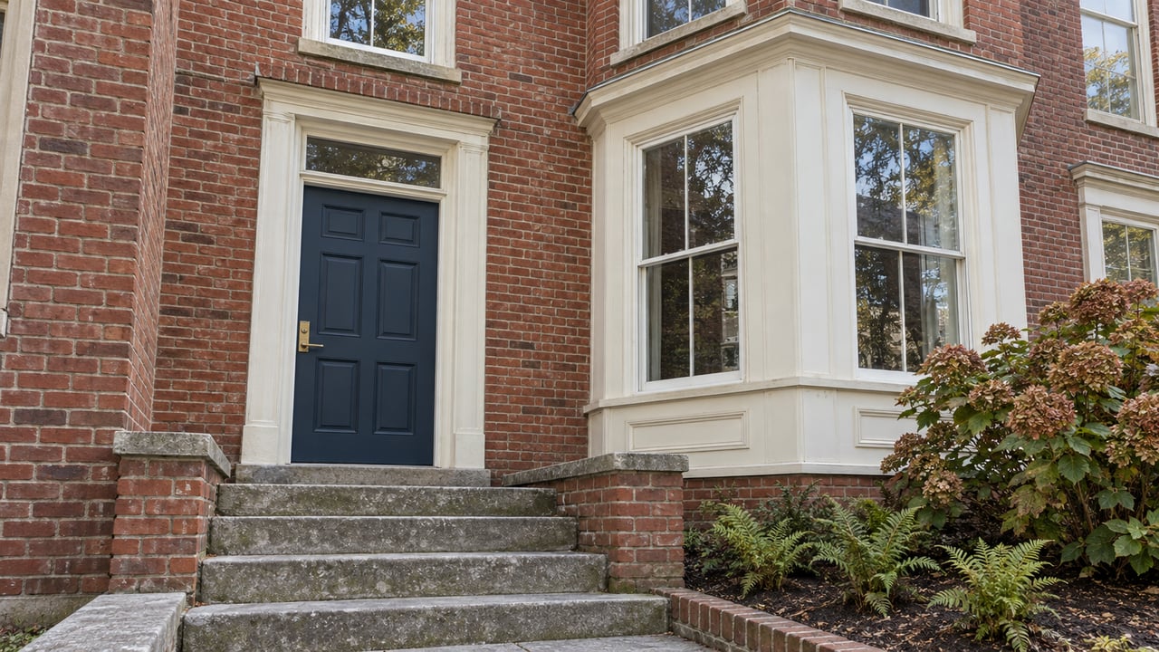 Red-brick townhouse entrance with a blue paneled door, ivory window trim, weathered stone steps, and oakleaf hydrangea.