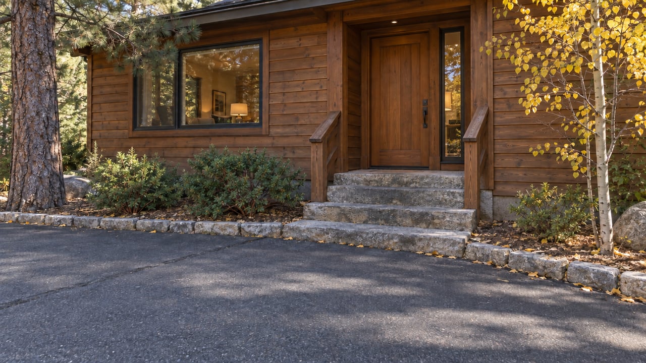 Cedar-sided house entrance with matching handrails flanking granite steps.