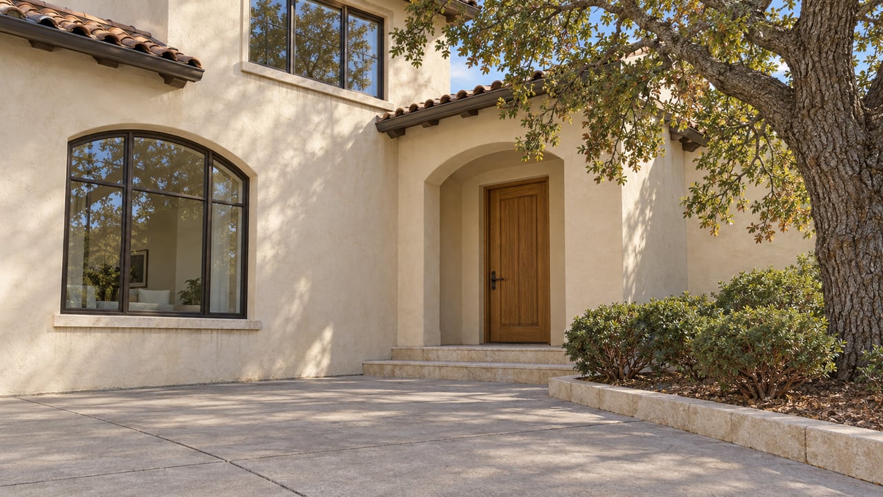 Warm stucco home with bronze-framed windows, an oak entry door, limestone steps and a mature oak beside the driveway.