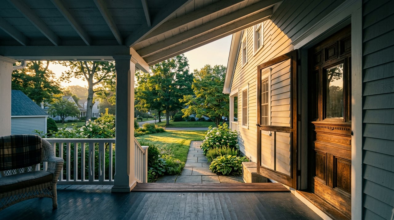 Covered porch with worn blue-gray floorboards, white columns, stone steps, and a maple tree across the lawn.