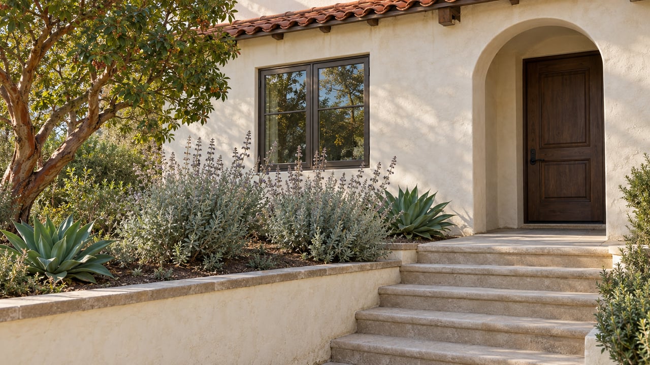 Cream stucco house with clay roof tiles, an arched oak entry, and worn stone garden steps beside sculptural drought-tolerant planting.