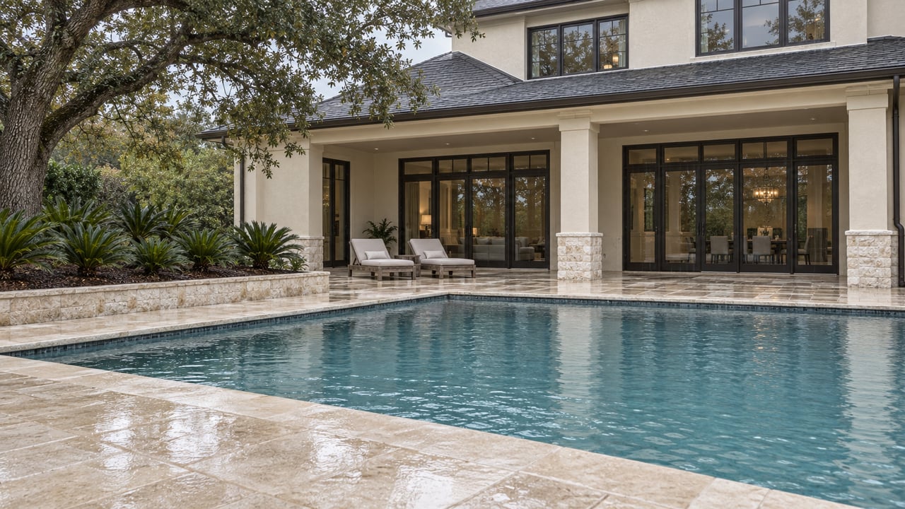 Large home with a covered terrace and glass doors overlooking a swimming pool and landscaped garden.