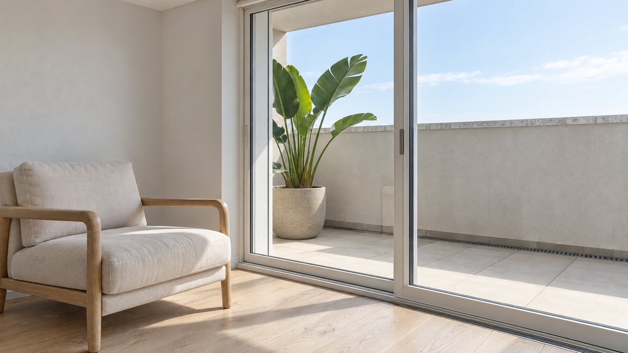 Cream linen lounge chair and pale oak flooring beside a closed glass balcony door, with a single broad-leaf plant beyond.