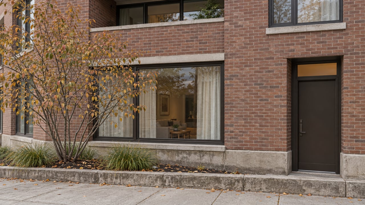 Brick condo facade with a recessed balcony, dark-framed windows, and a raised planter holding a small tree.