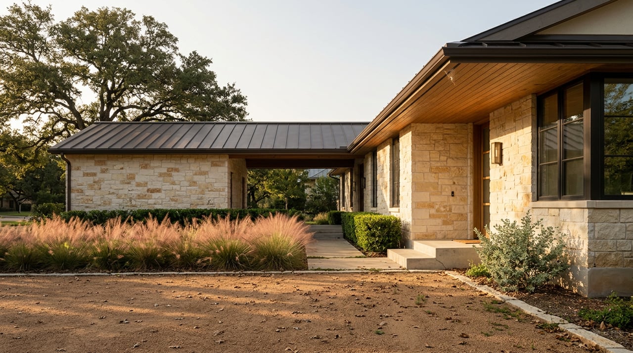Limestone home facade with a covered entry, oak canopy, pink-bronze grasses, and sunlit gravel drive.