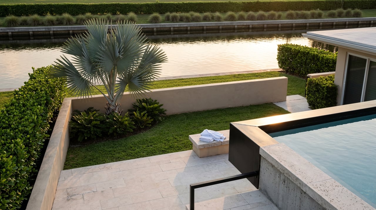 Terrace overlooks a canal beyond a lawn, planter wall, and blue-gray fan palm in golden light.