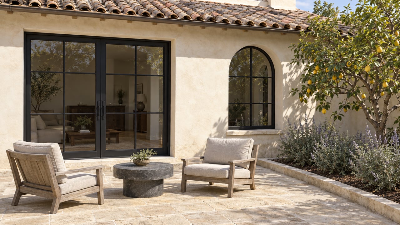 Sunlit limestone terrace beside an ivory plaster home with clay roof tiles, black framed glass doors, teak chairs and a lemon tree.