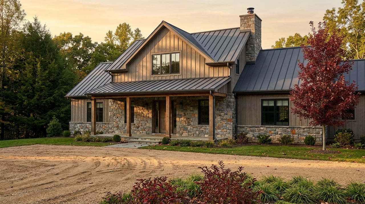 Two-story mountain farmhouse with fieldstone and board-and-batten siding, beneath a burgundy maple beside a gravel drive.